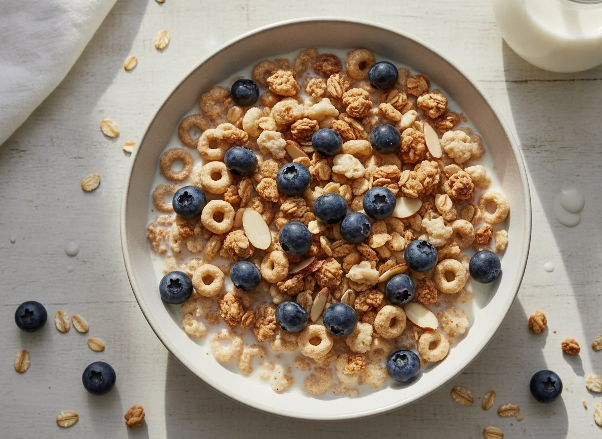 Mixed Cereal with Milk and Blueberries photo