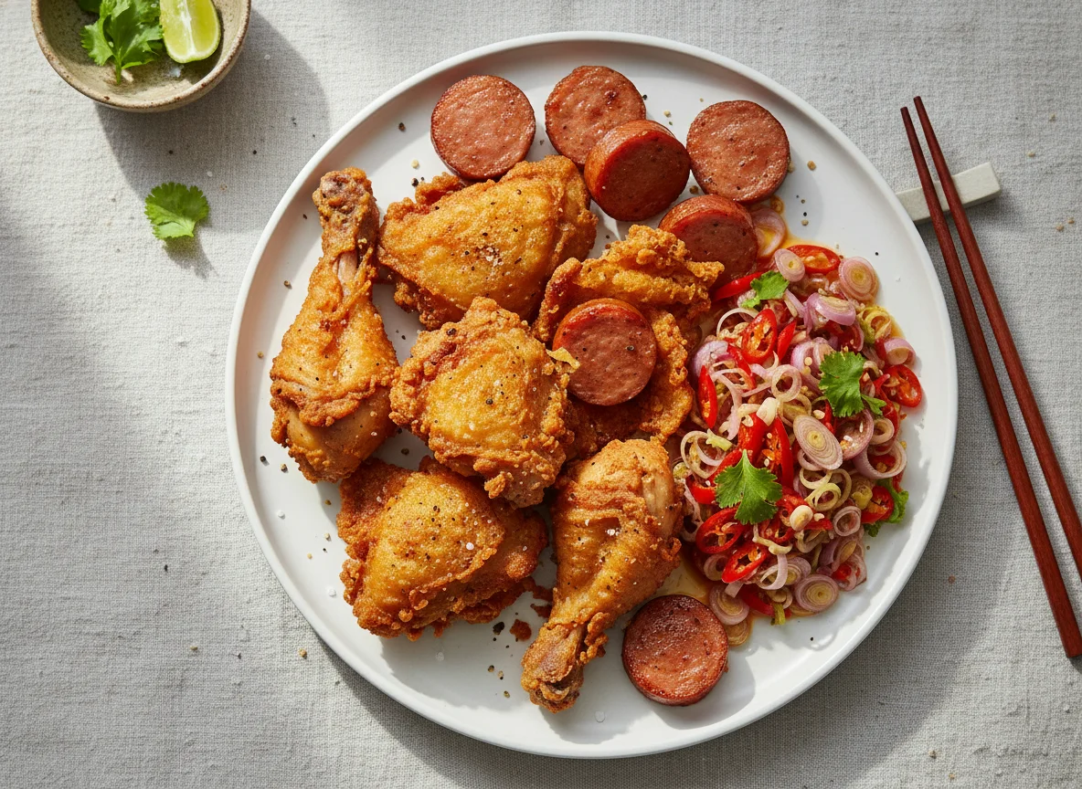 Mixed Fried Chicken and Sausage with Sambal Matah photo