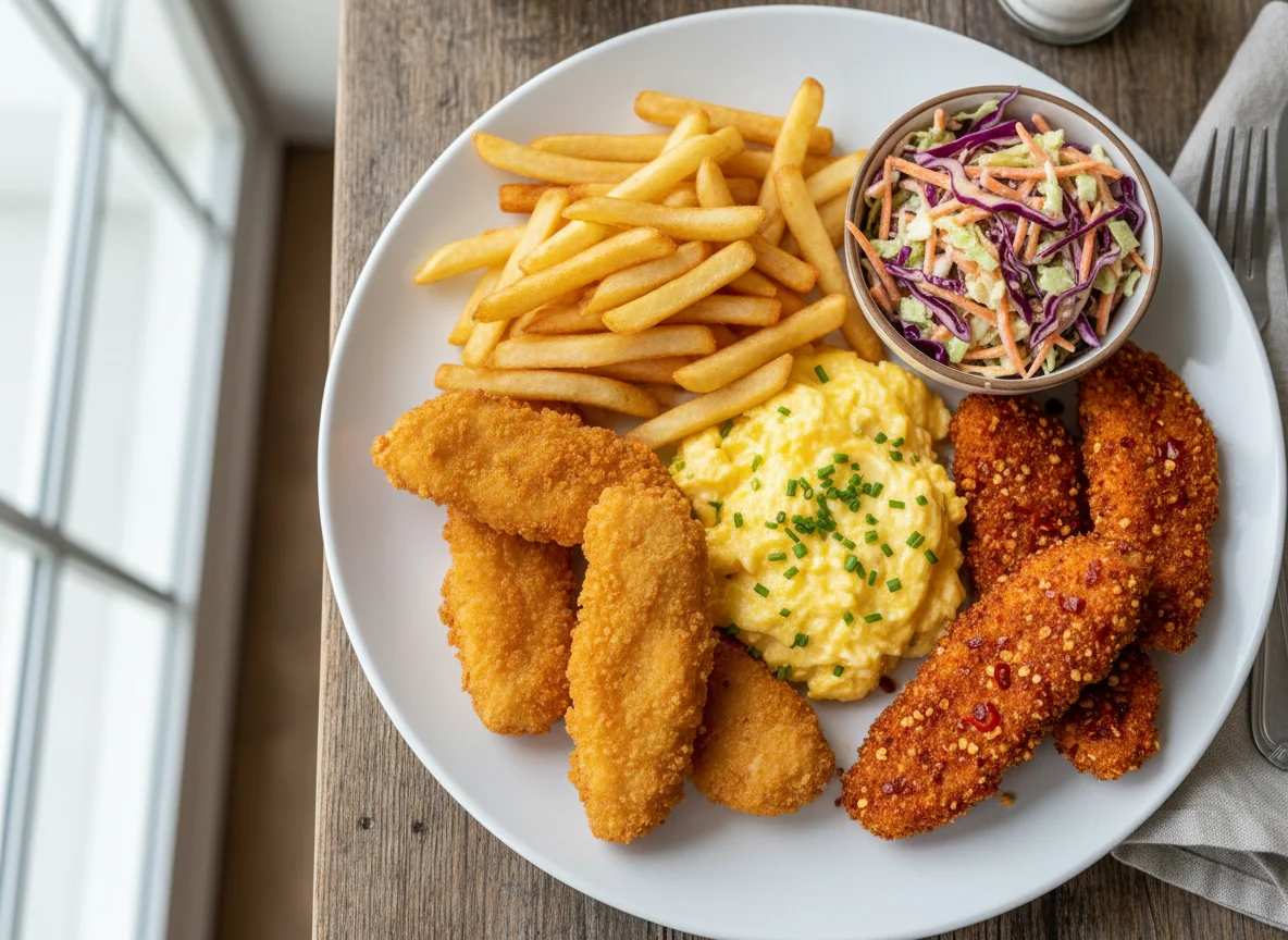 Mixed Fried Meal with Scrambled Eggs and Coleslaw photo