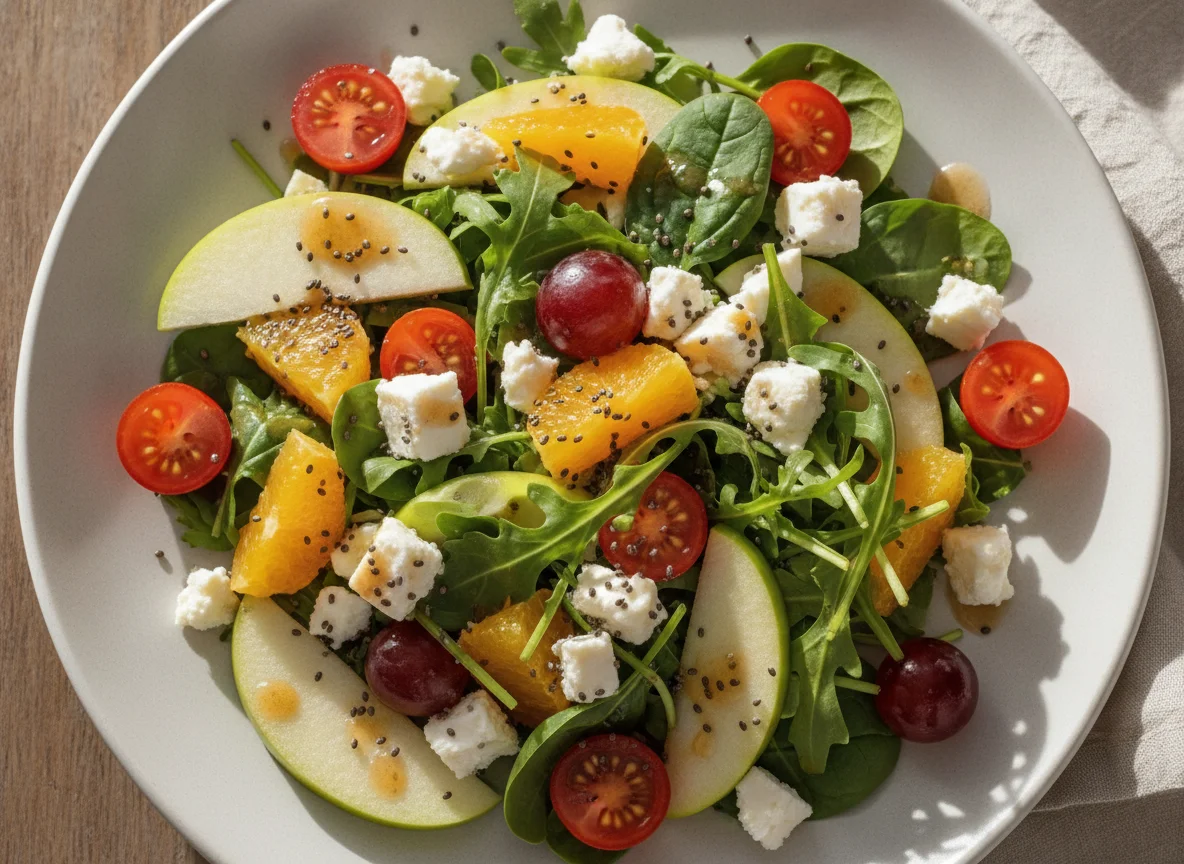 Mixed fruit and vegetable salad with cheese photo