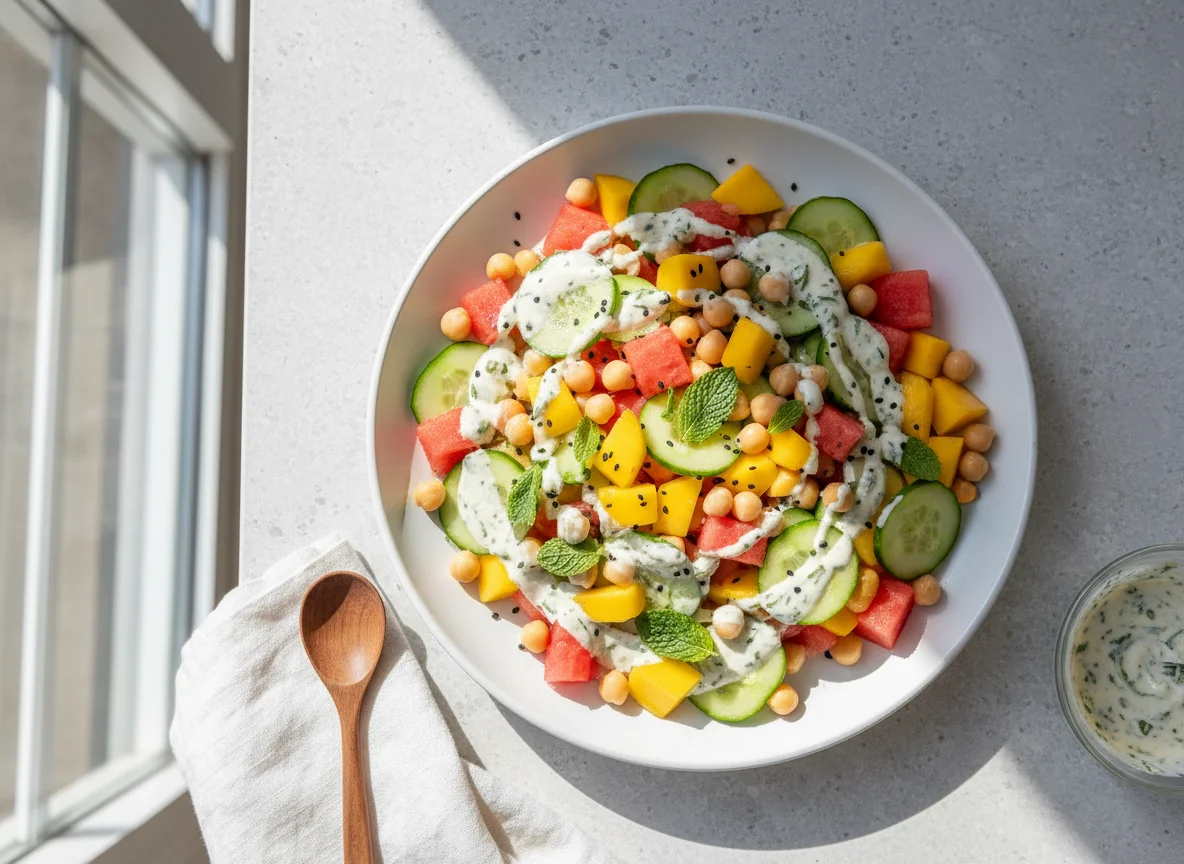 Mixed Fruit and Vegetable Salad with Dressing photo