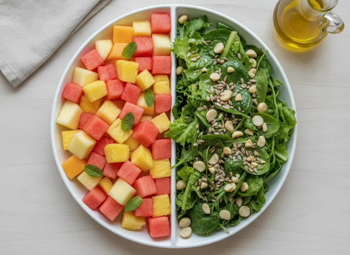 Mixed Fruit Plate and Green Salad with Seeds photo