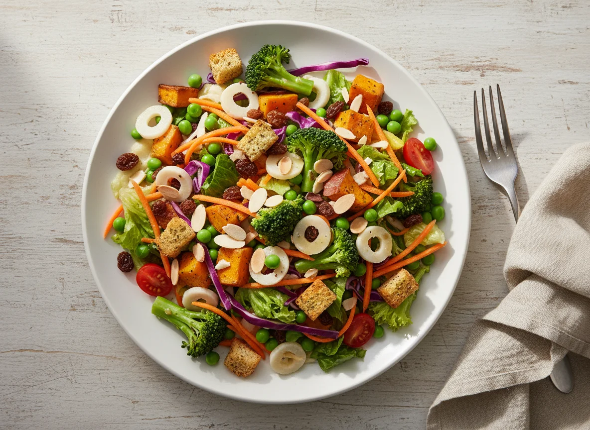 Mixed Garden Salad with Croutons and Raisins photo