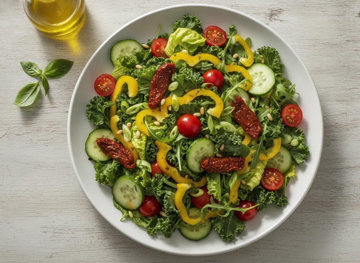 Mixed Garden Salad with Sun-dried Tomatoes and Pine Nuts photo