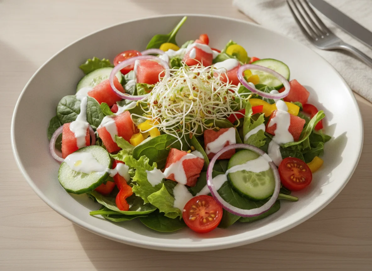 Mixed Garden Salad with Watermelon and Yogurt Dressing photo