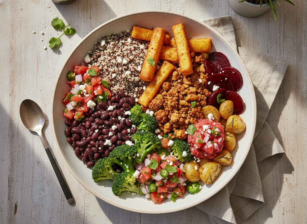 Mixed Grain and Vegetable Bowl with Black Beans and Polenta photo
