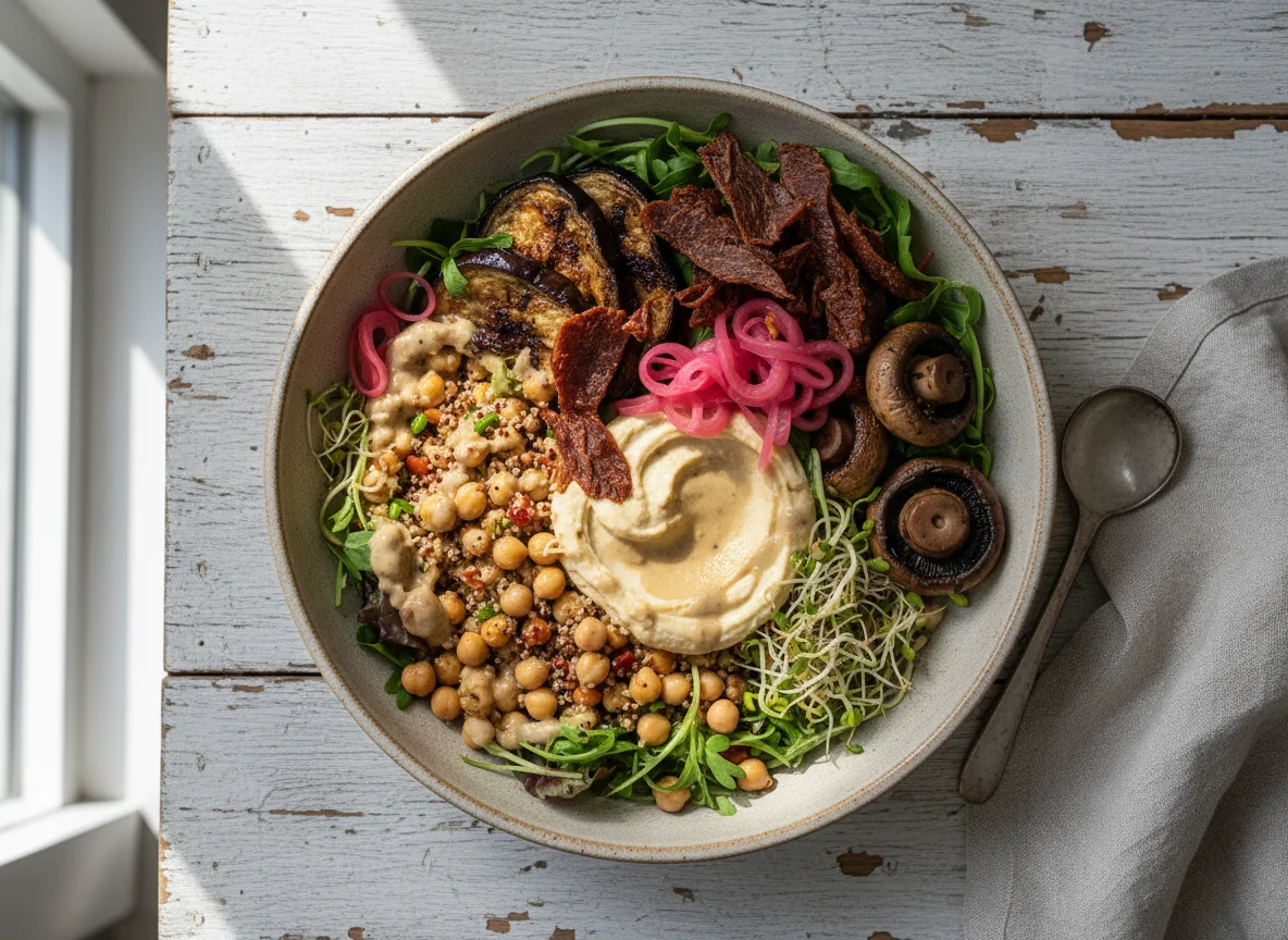 Mixed Grain and Vegetable Bowl with Chicken Jerky and Mushroom photo
