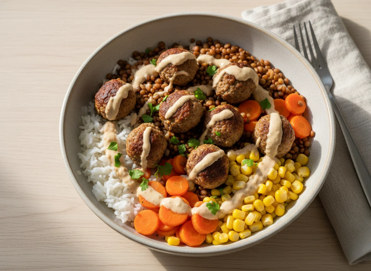 Mixed Grain and Vegetable Bowl with Meatballs photo