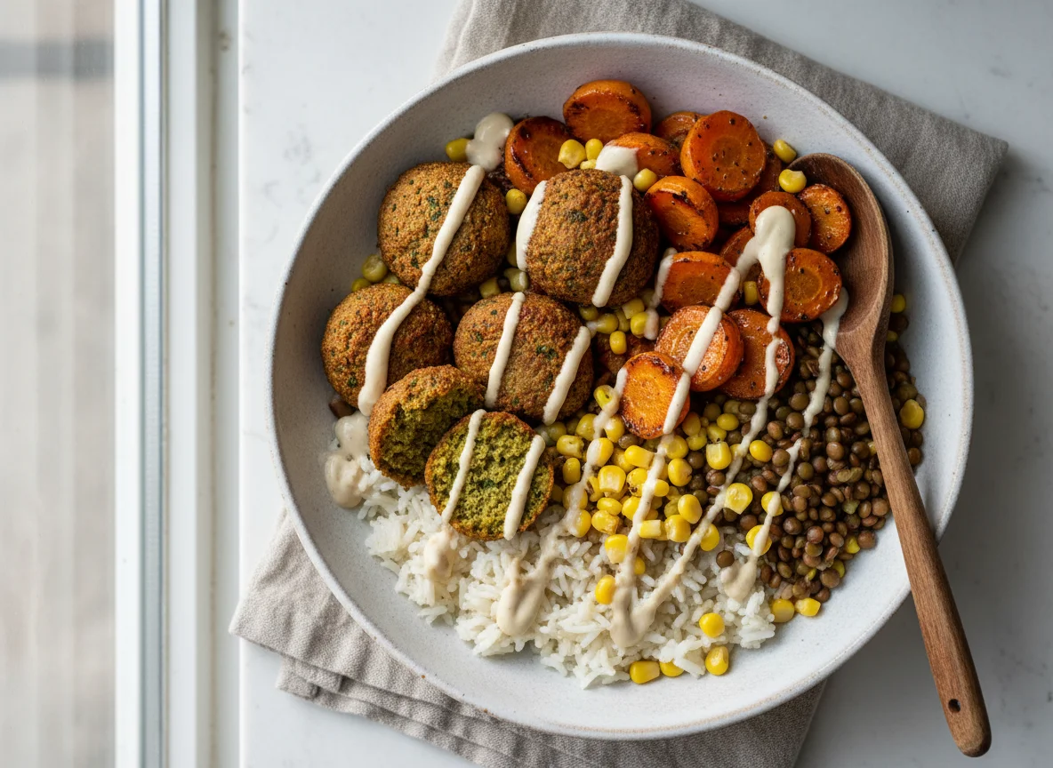 Mixed Grain Bowl with Carrots and Falafel photo