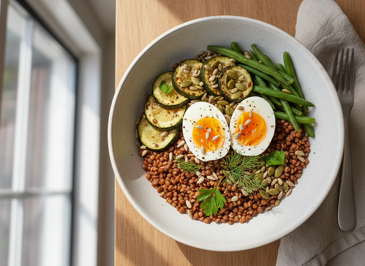 Mixed Grain Bowl with Eggs and Vegetables photo