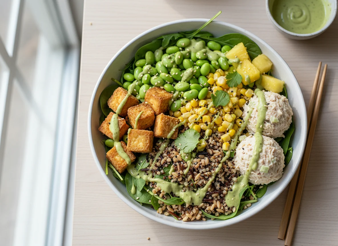Mixed Grain Bowl with Fried Tofu and Edamame photo