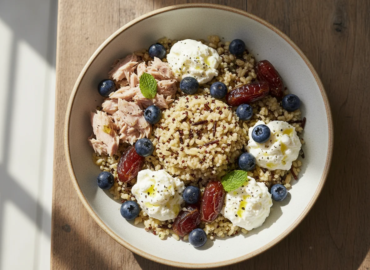 Mixed Grain Bowl with Tuna, Ricotta, Blueberries and Dates photo