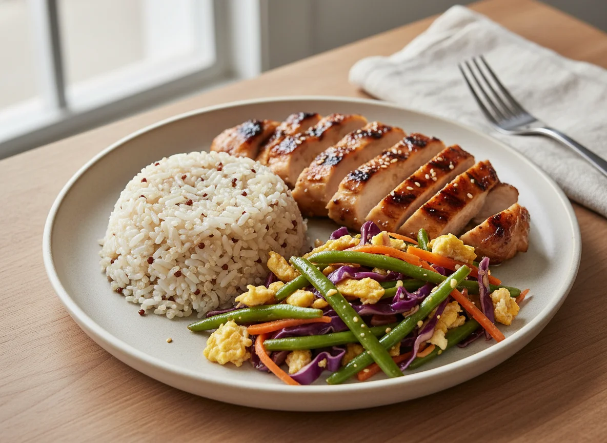 Mixed Grain Rice with Stir-fried Vegetables and Grilled Chicken photo