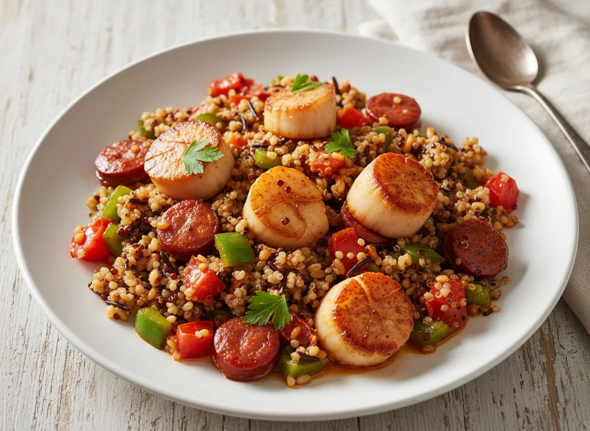 Mixed Grains with Chorizo, Scallops, and Peppers photo