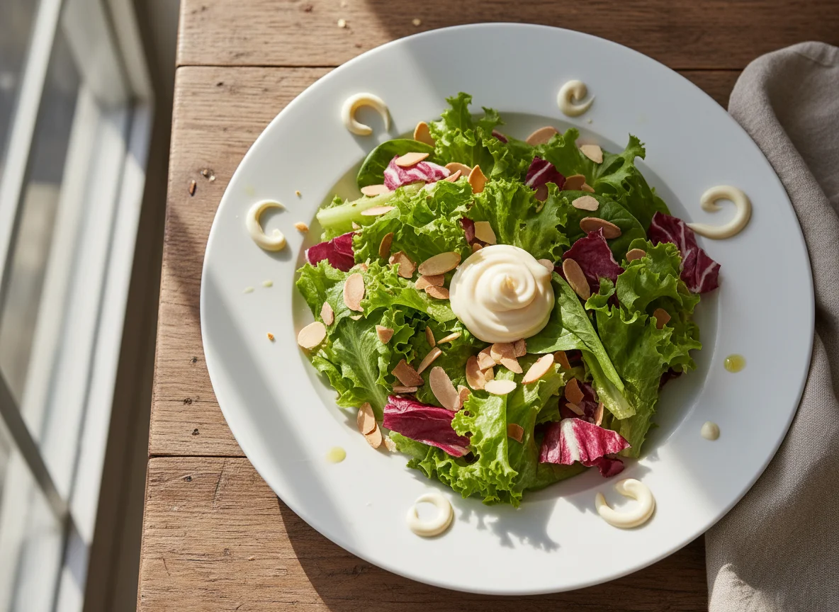 Mixed Green Salad with Almonds and Mayonnaise photo