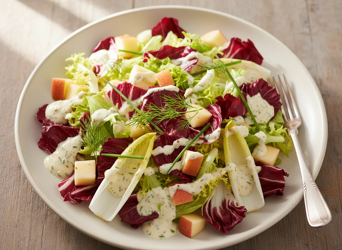 Mixed Green Salad with Apple and Creamy Dressing photo
