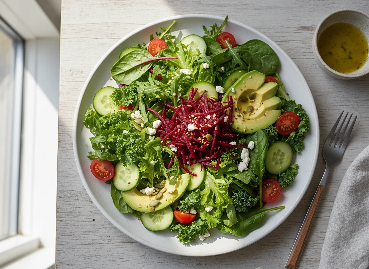 Mixed Green Salad with Avocado and Beets photo