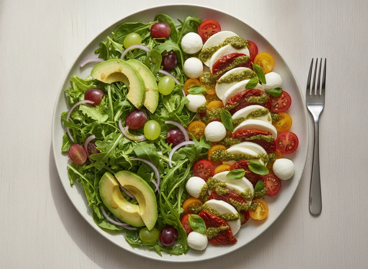 Mixed Green Salad with Avocado and Caprese Salad photo