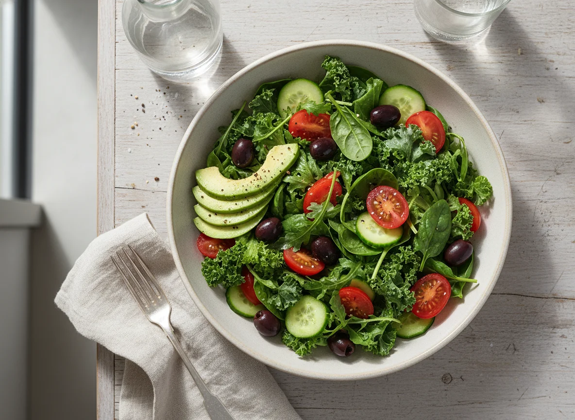 Mixed Green Salad with Avocado and Olives photo