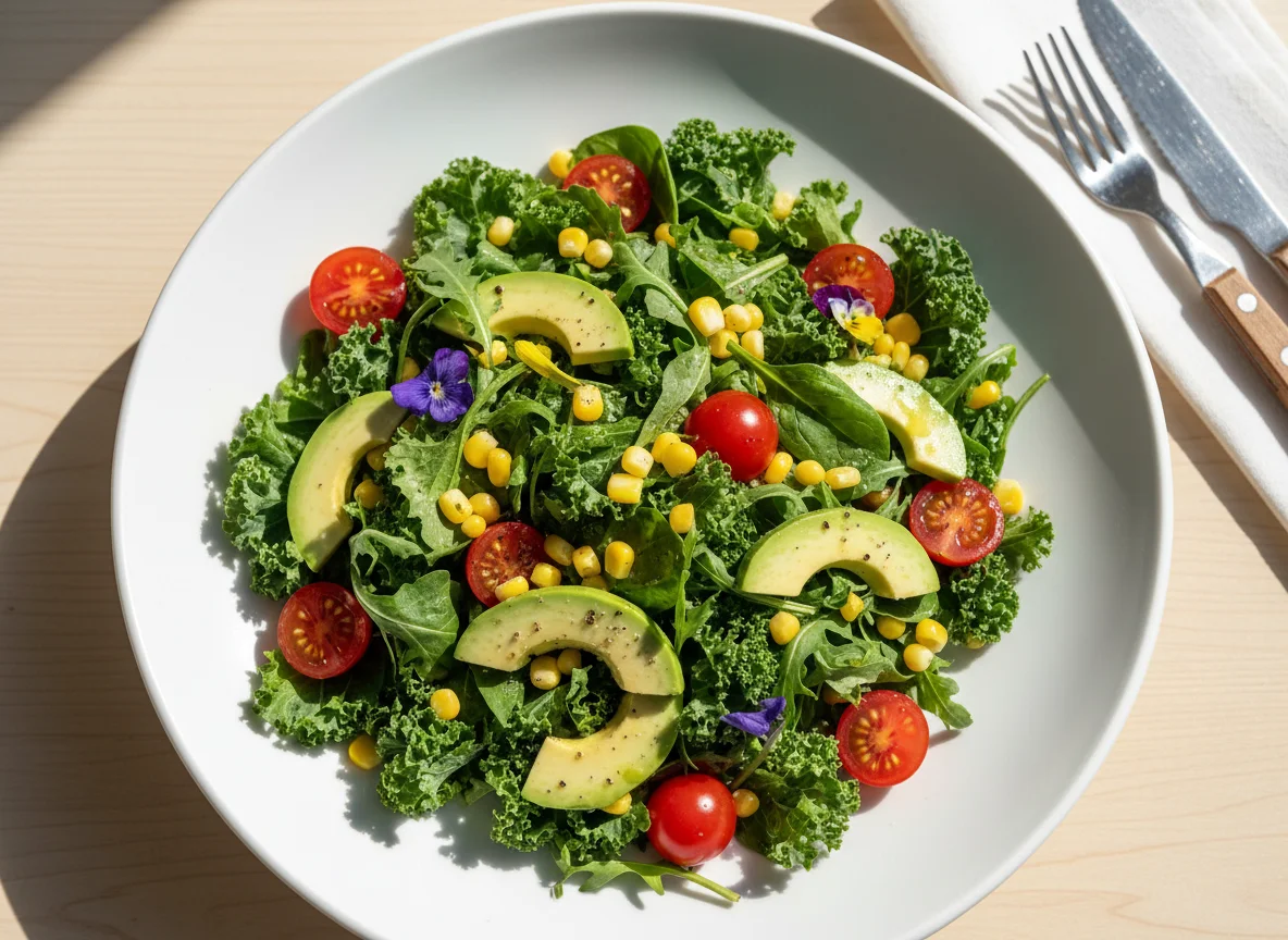 Mixed Green Salad with Avocado, Corn, and Cherry Tomatoes photo