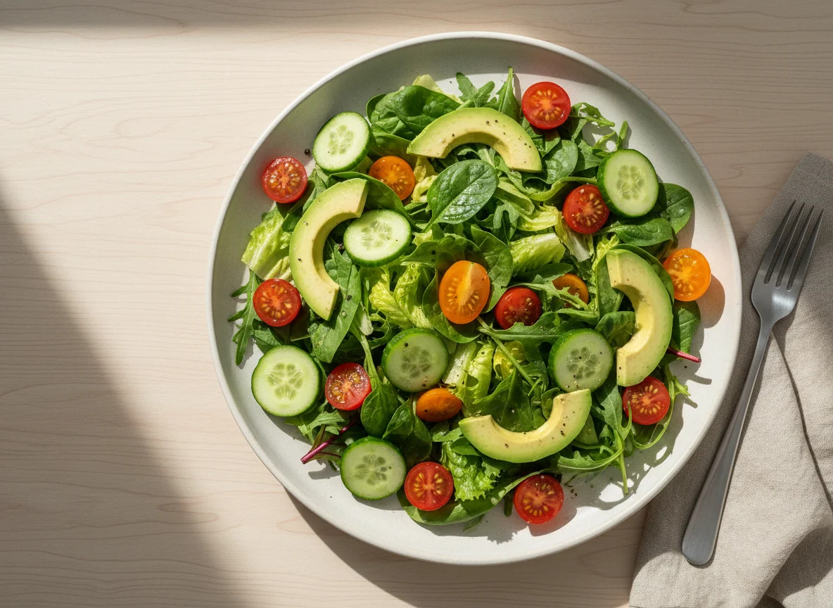 Mixed Green Salad with Avocado, Cucumber, and Tomato photo