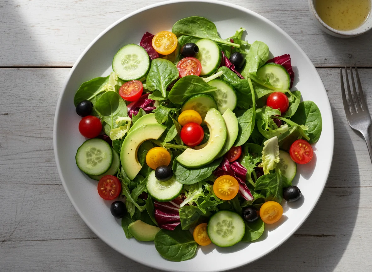 Mixed Green Salad with Avocado, Cucumber, Olives, and Cherry Tomatoes photo