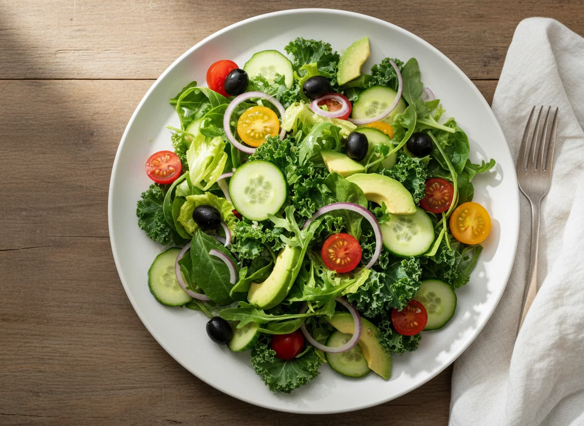 Mixed Green Salad with Avocado, Olives, and Cherry Tomatoes photo