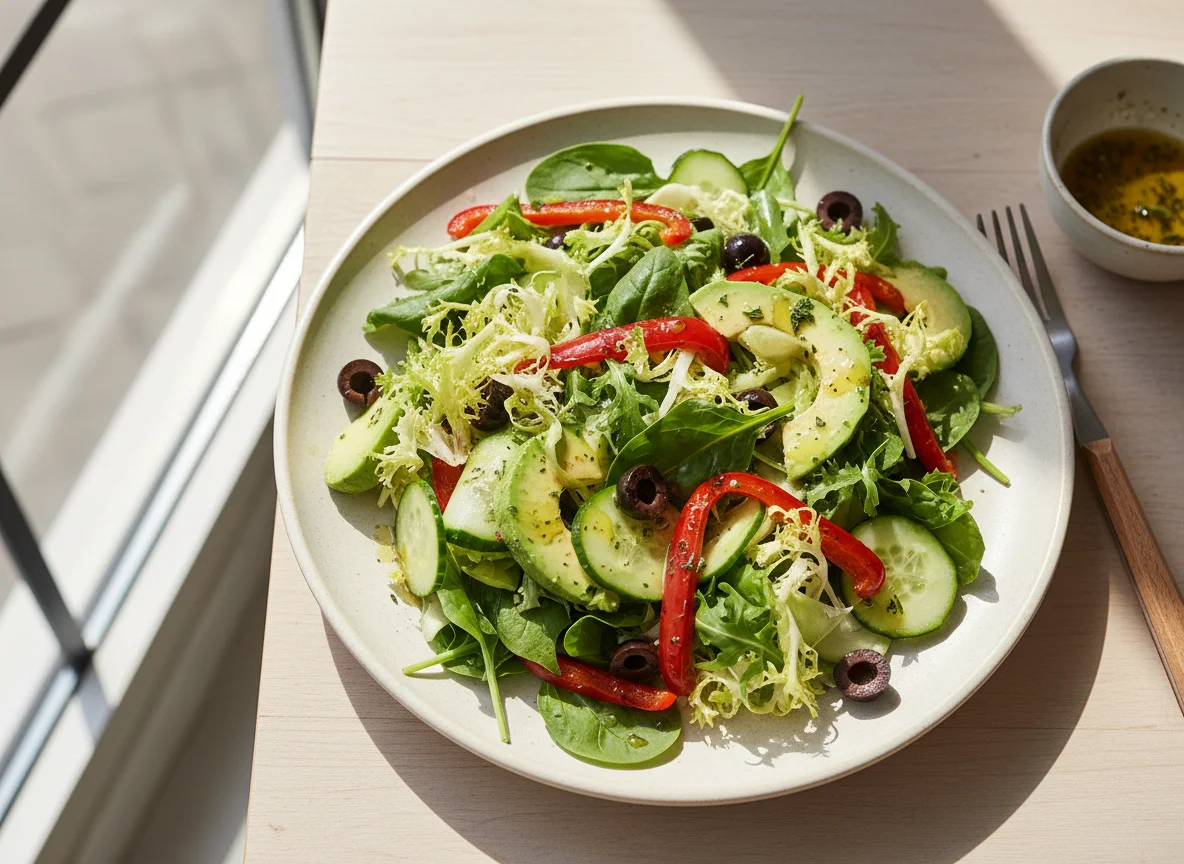 Mixed Green Salad with Avocado, Olives, and Roasted Peppers photo