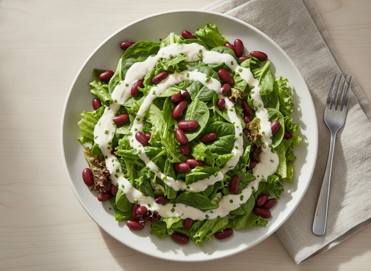 Mixed Green Salad with Beans and Dressing photo