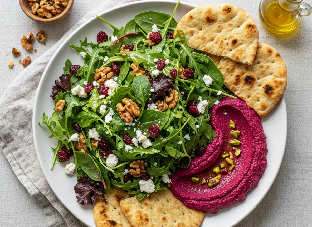 Mixed Green Salad with Beet Hummus and Flatbread photo
