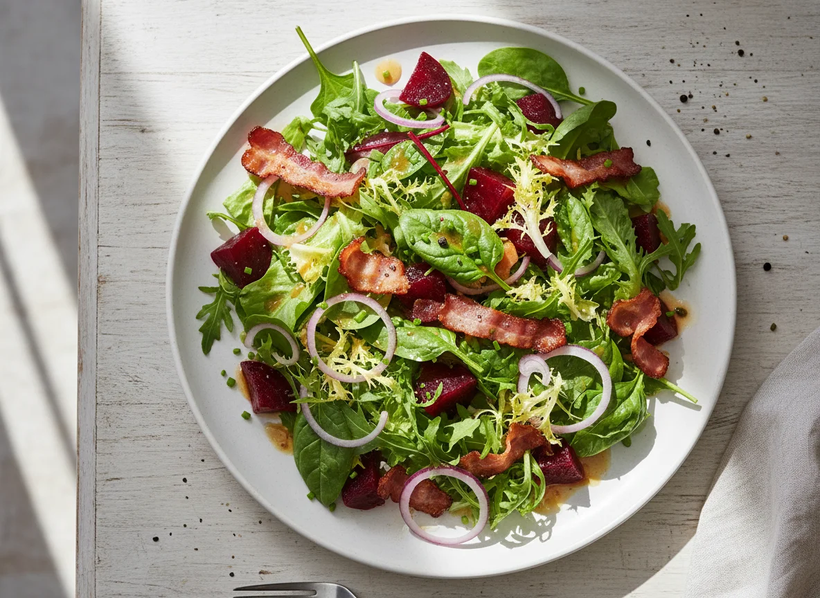 Mixed Green Salad with Beetroot and Bacon photo