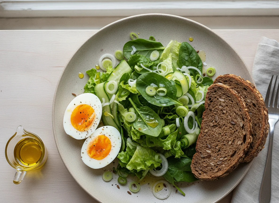 Mixed green salad with boiled egg and rye bread photo