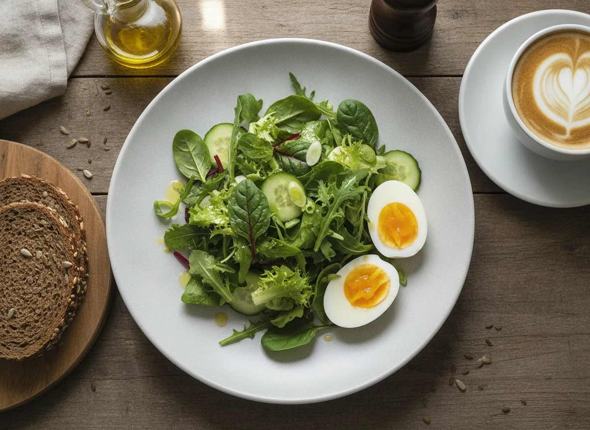 Mixed green salad with boiled egg, rye bread and coffee photo