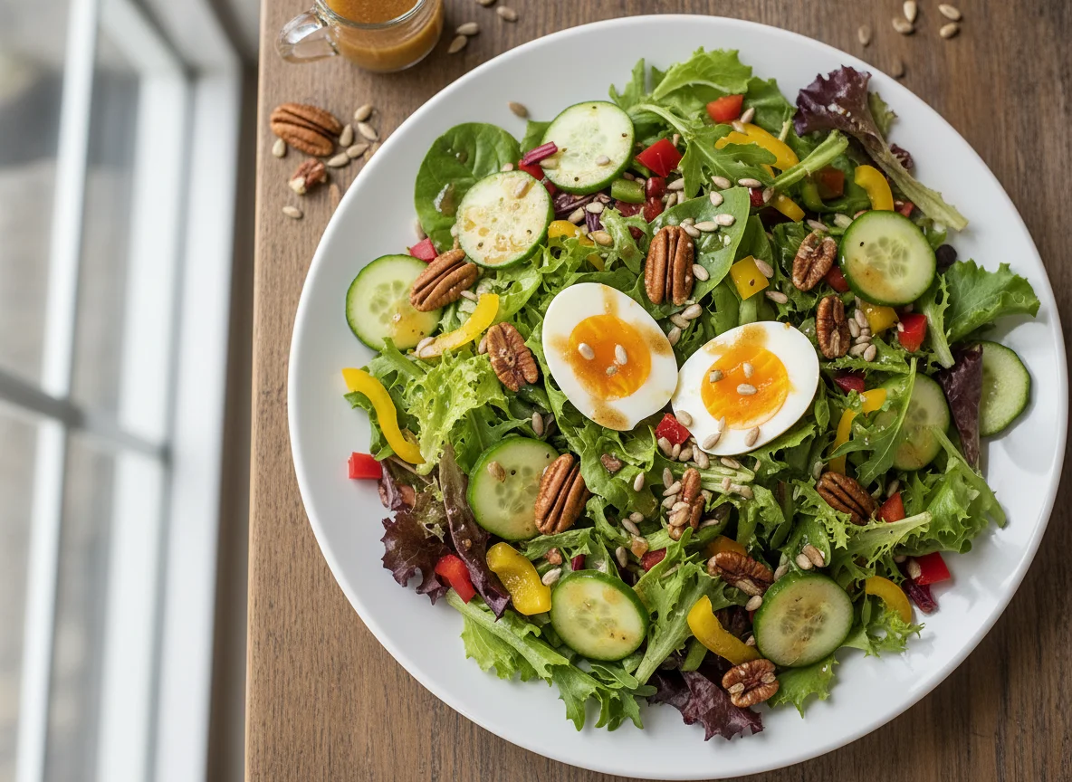 Mixed Green Salad with Boiled Eggs and Pecans photo