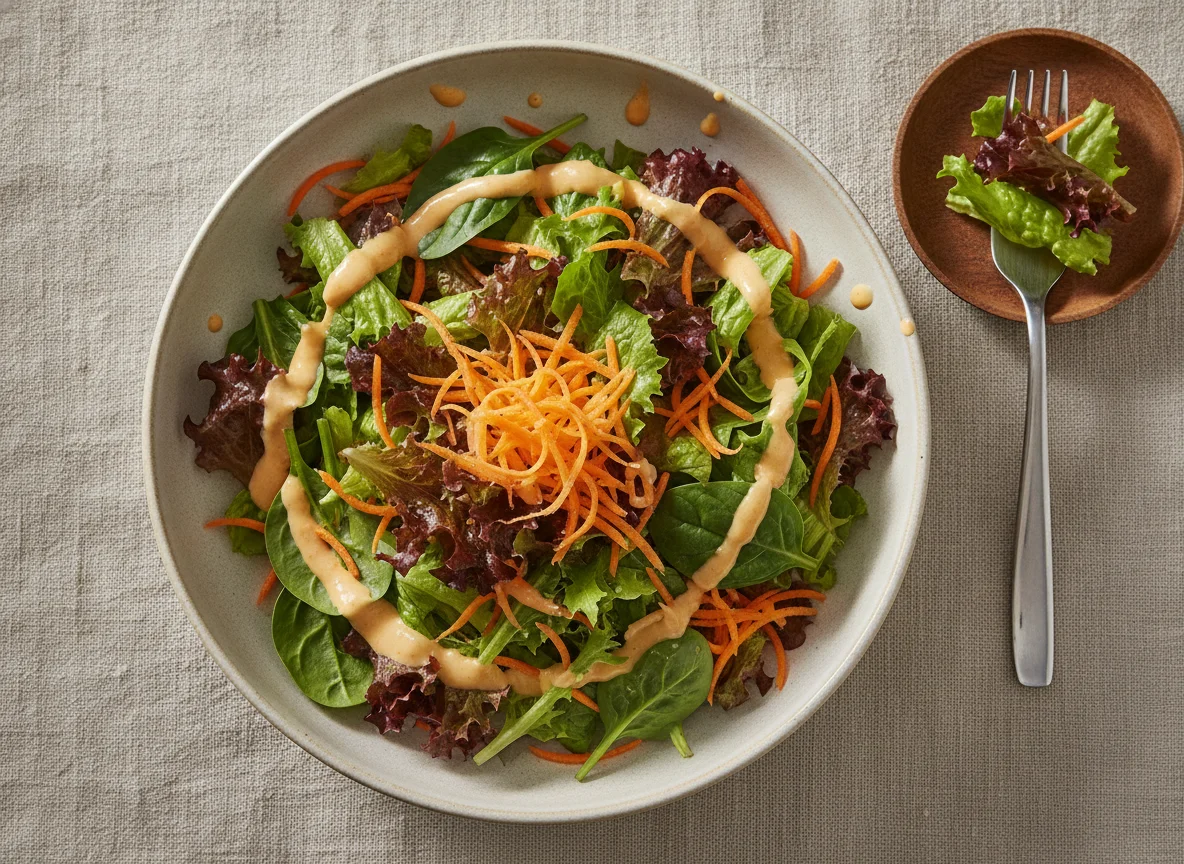 Mixed Green Salad with Carrots and Creamy Dressing photo