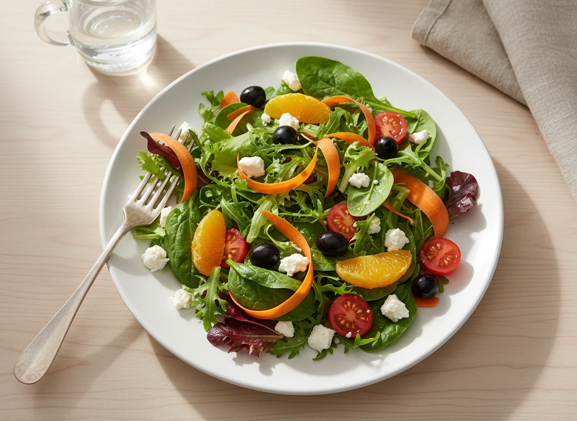 Mixed Green Salad with Carrots, Olives, Feta, and Orange photo