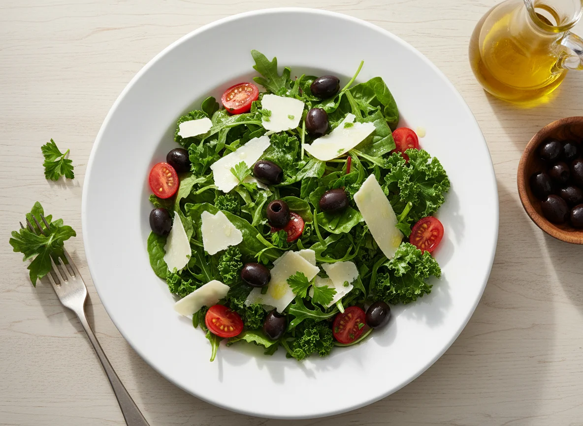 Mixed Green Salad with Cheese and Olives photo