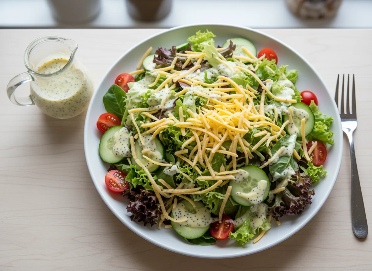 Mixed Green Salad with Cheese and Poppy Seed Dressing photo