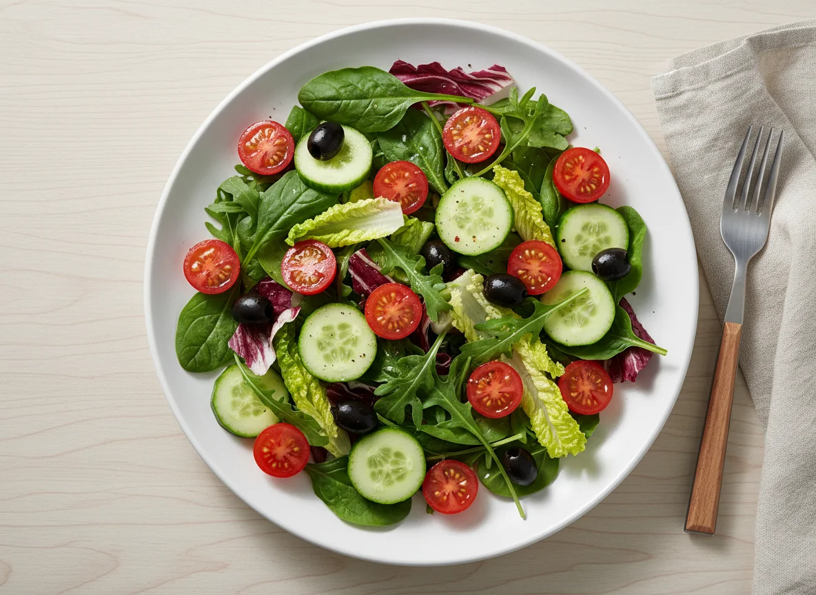 Mixed Green Salad with Cherry Tomatoes, Cucumber, and Black Olives photo