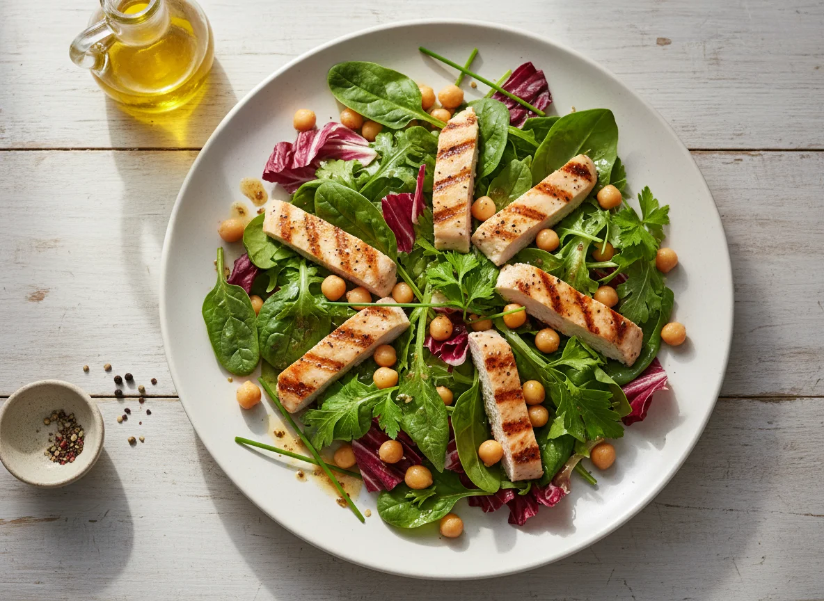 Mixed Green Salad with Chicken and Chickpeas photo