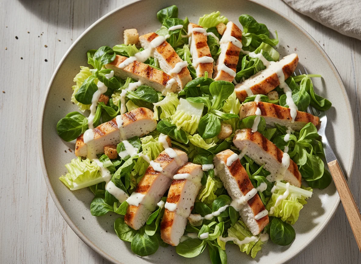 Mixed Green Salad with Chicken and Creamy Dressing photo