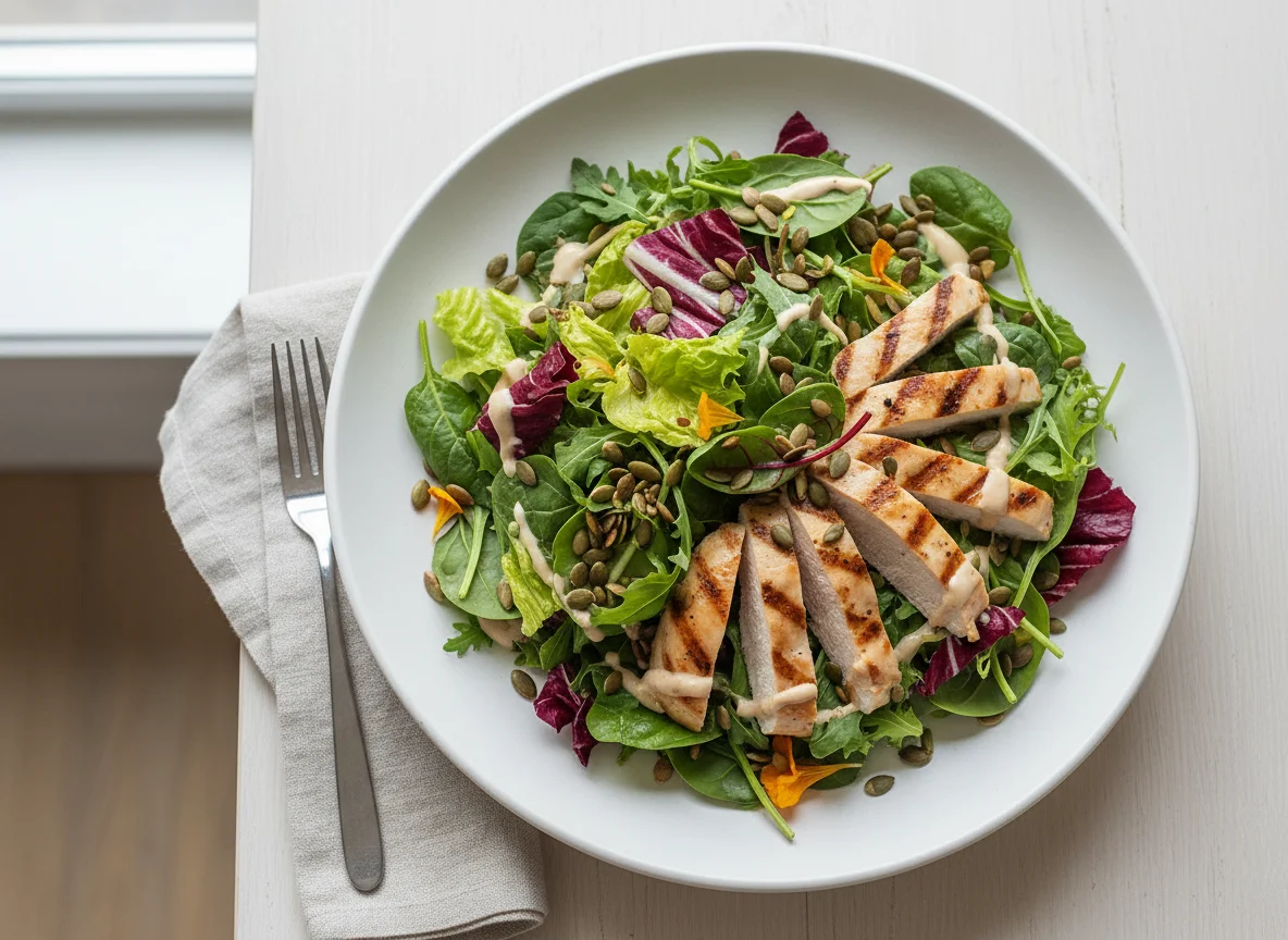 Mixed Green Salad with Chicken and Dressing photo