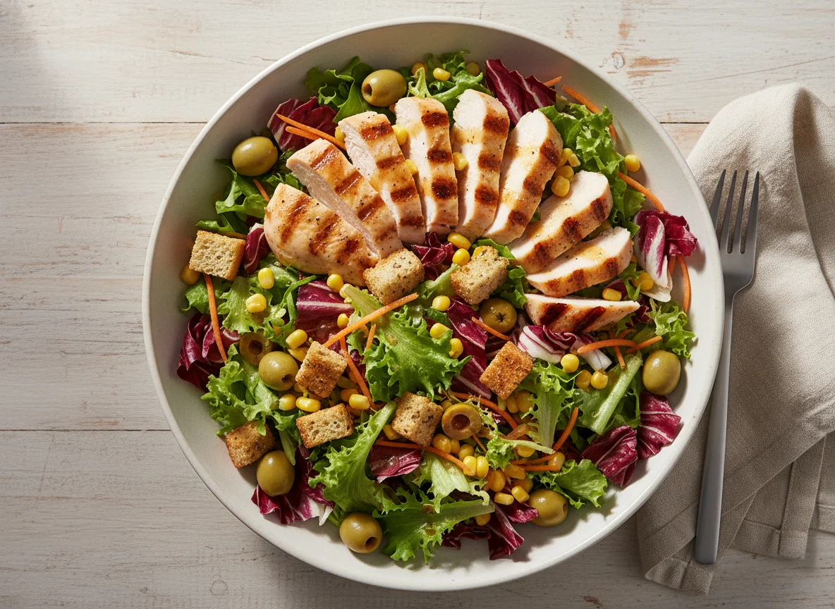Mixed Green Salad with Chicken and Olives photo