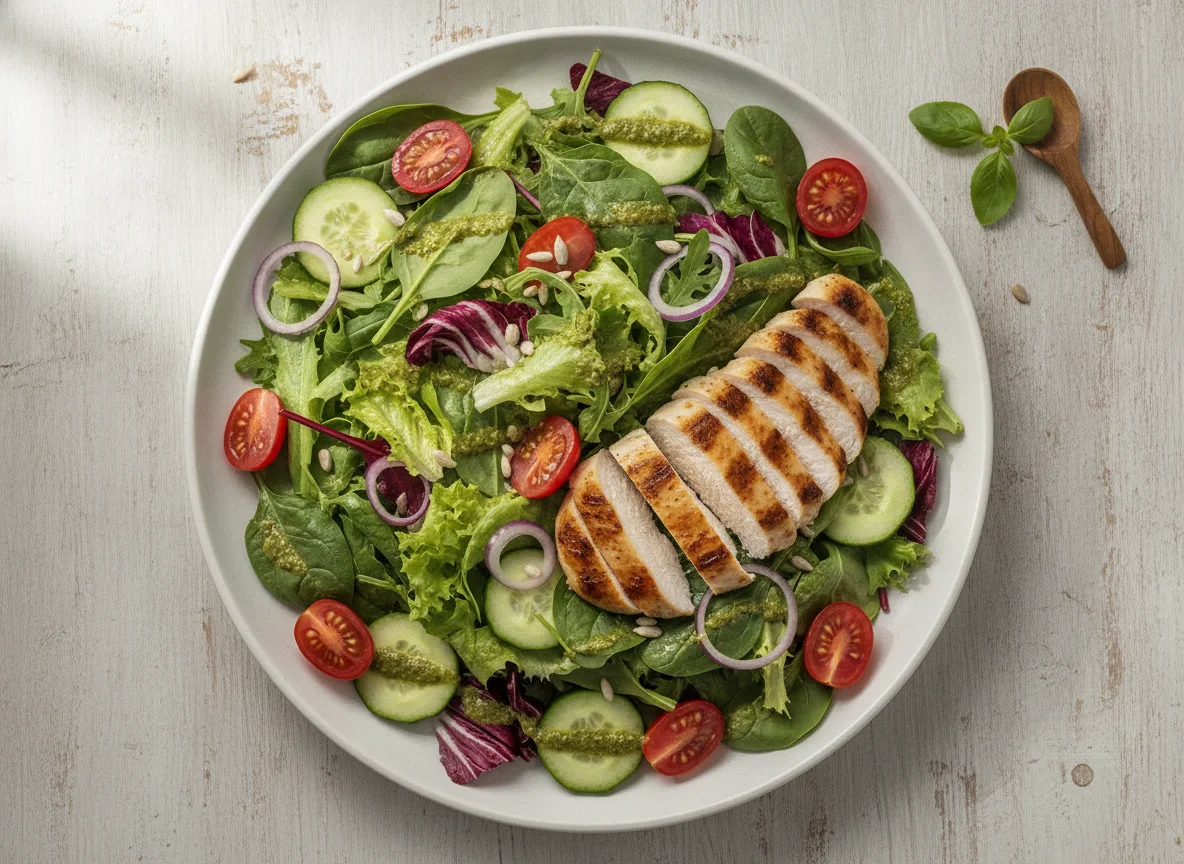 Mixed Green Salad with Chicken and Pesto Dressing photo