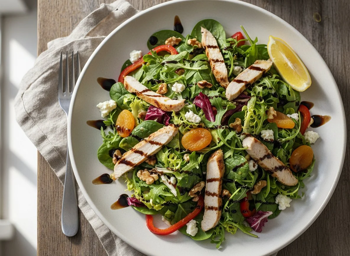 Mixed Green Salad with Chicken and Roasted Peppers photo