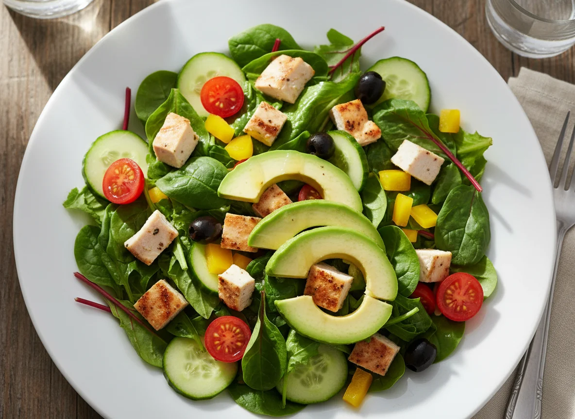 Mixed Green Salad with Chicken, Avocado, and Vegetables photo