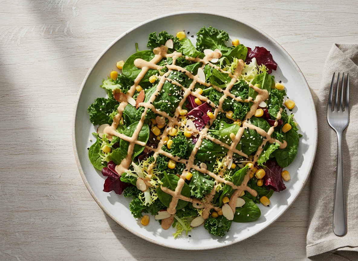 Mixed Green Salad with Corn, Almonds, and Dressing photo