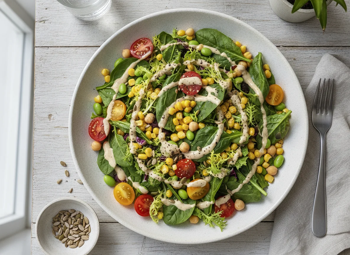 Mixed Green Salad with Corn, Edamame, and Creamy Dressing photo