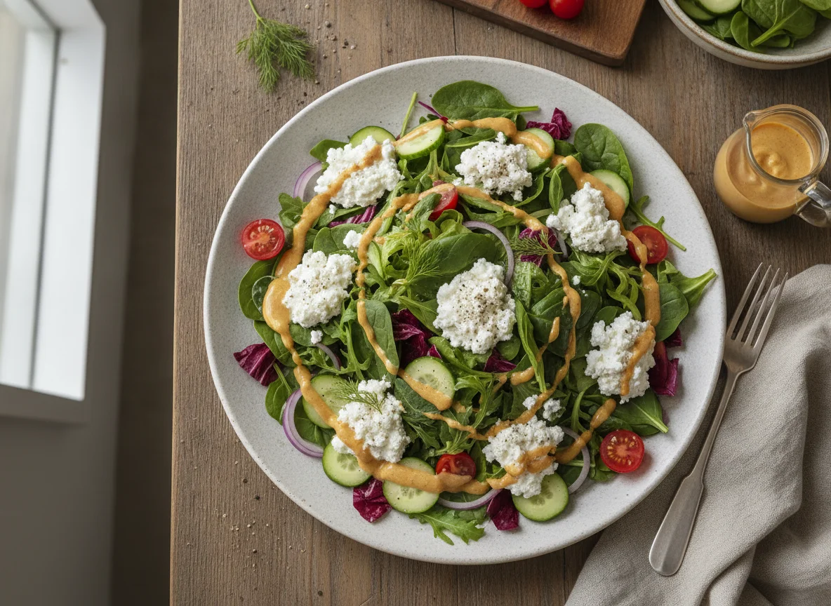Mixed Green Salad with Cottage Cheese and Dressing photo