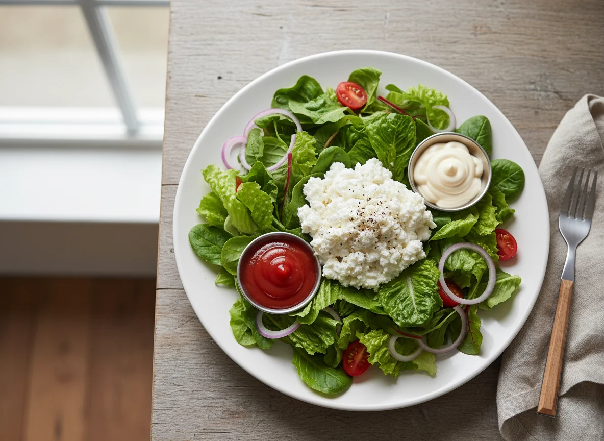 Mixed Green Salad with Cottage Cheese and Dressings photo